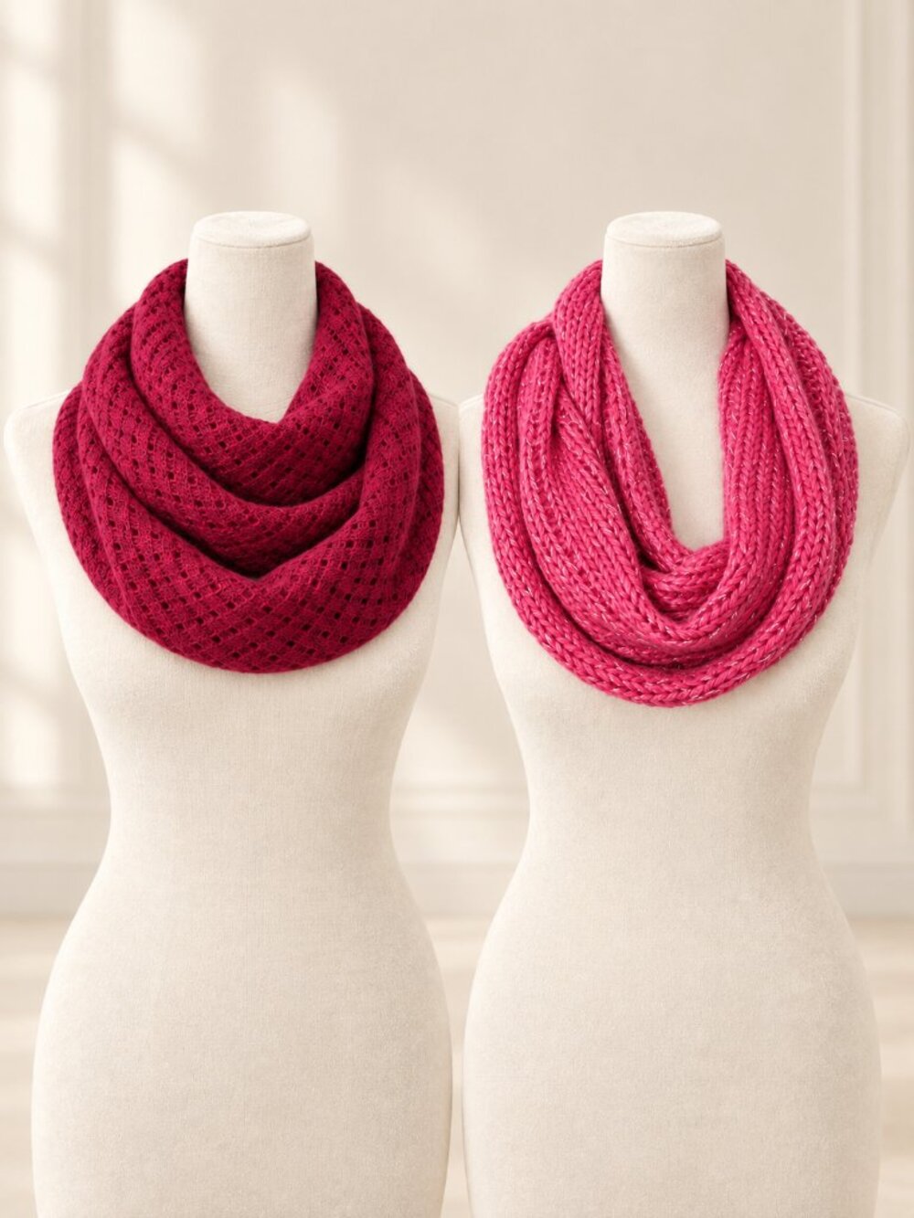 2 ISAAC MIZRAHI LIVE! 100% Cashmere Knit Infinity Scarves Rich Berry Bijou Pink